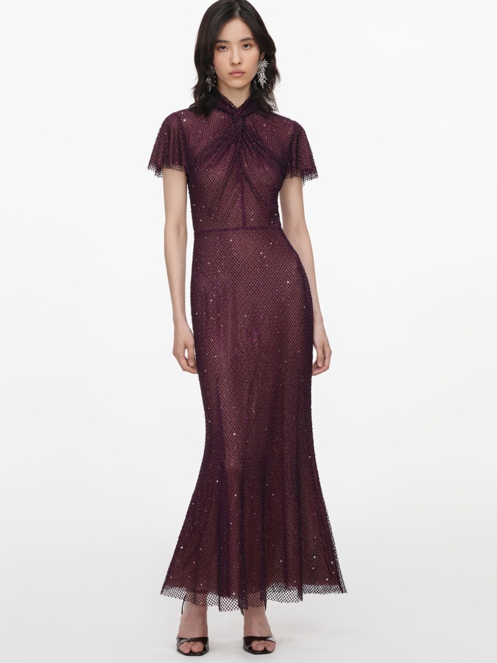 NWOT Self-Portrait BURGUNDY RHINESTONE FISHNET MIDI DRESS